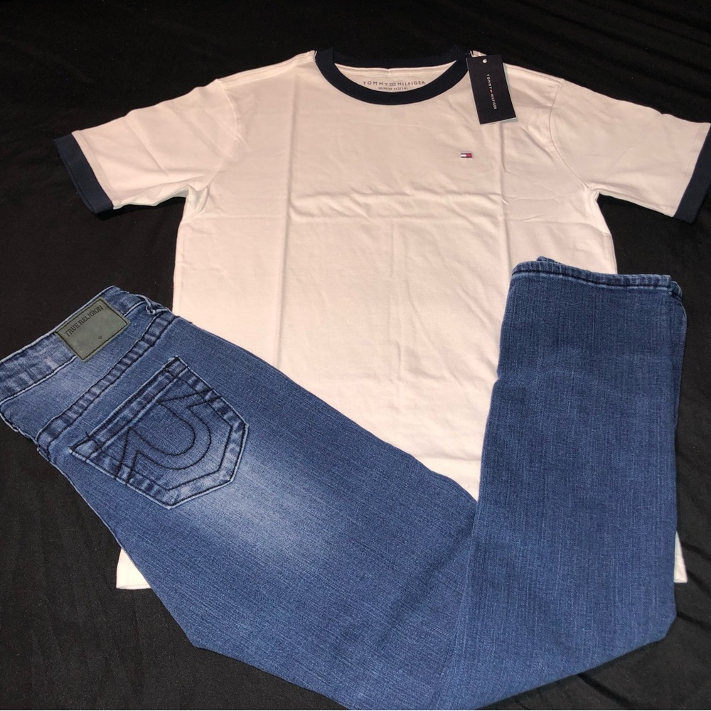 New with Tag Tommy Hilfiger White T-Shirt with True Religion Blue Jeans Bundle